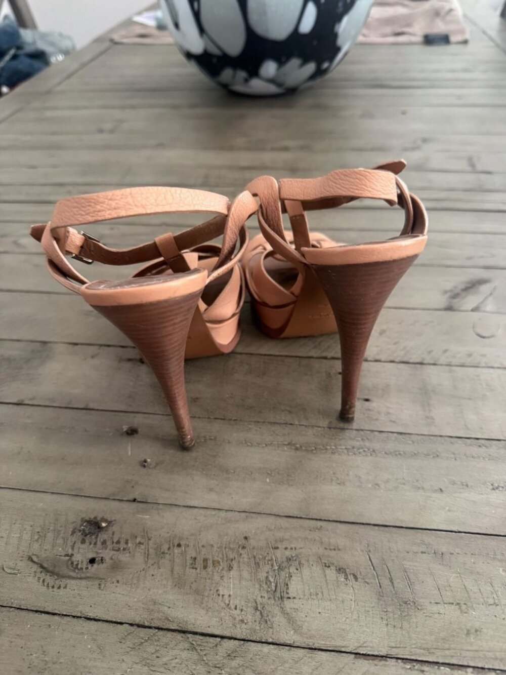 YSL Saint Laurent Beige Leather Tribute Platform Wood Heel Sandals Pumps 39 - Picture 6 of 8